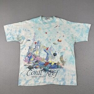 Vintage 90s Coral Reef Liquid Blue‎ T Shirt Men's XL Tie Dyed AOP Animal Art